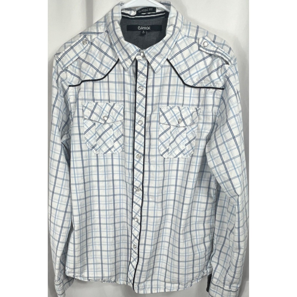 Carbon Men's L Long Sleeve White/Blue Plaid Classic Fit Pocket Button-Up Shirt